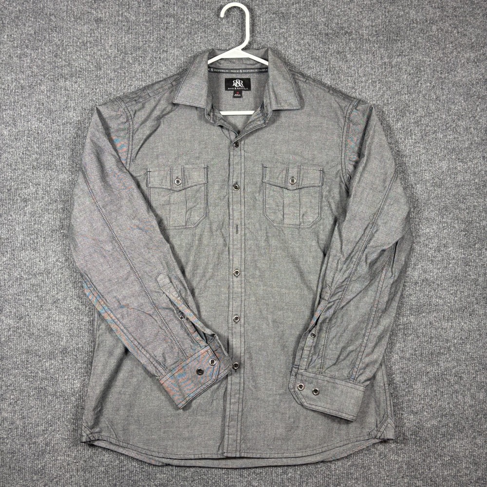 Rock & Republic Button Up Shirt Mens Medium Gray Chambray Roll Tab Flap Pockets